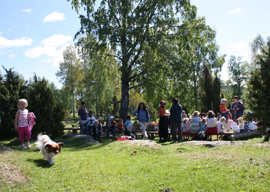 Barn på sommerfest med hund